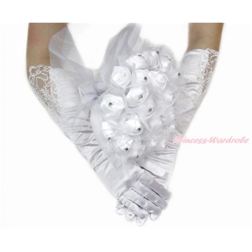 White Wedding Elbow Length Princess Costume Long Lace Bead Satin Gloves & Sparkle Crystal Bling Rhinestone Satin Bridal Bouquet PG008C228 
